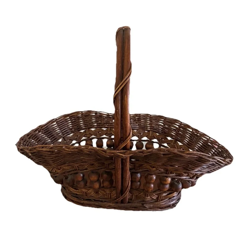 Handwoven Willow Wooden Bead Gathering‎ Basket Philippines Vintage 1980s